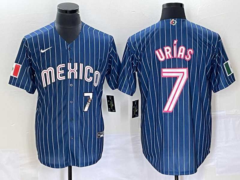 Men%27s Mexico Baseball #7 Julio Urias Number Navy Blue Pinstripe 2020 World Series Cool Base Nike Jersey